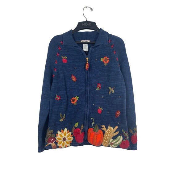 Tiara International Cardigan Fall Harvest Sweater Blue Embroidered Pumpkin S - Picture 1 of 13